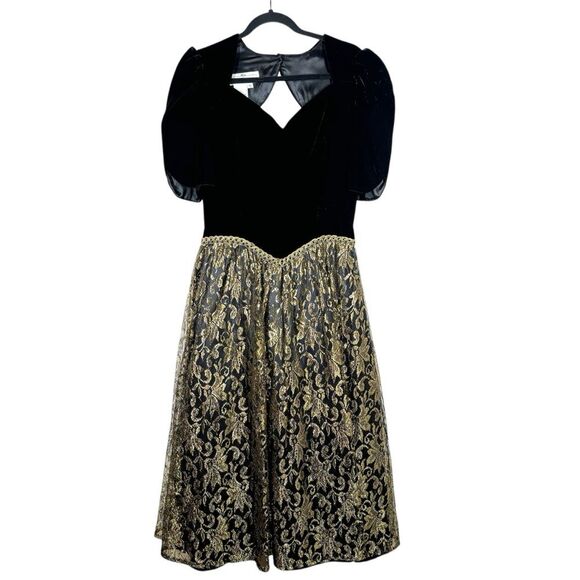 Vintage Scott McClintock 80s Party Dress Black Gold Sweetheart Neckline 10 - Picture 1 of 10